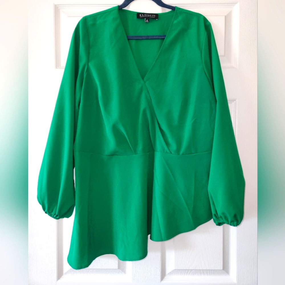 Eloquii faux wrap body flattering asymmetrical vibrant green blouse.